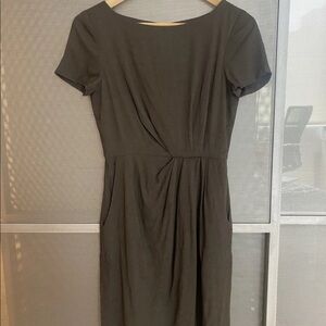Theory Taupe/Grey/Green Short-Sleeve Scoopneck Fitted Dress with Pockets, Size 2